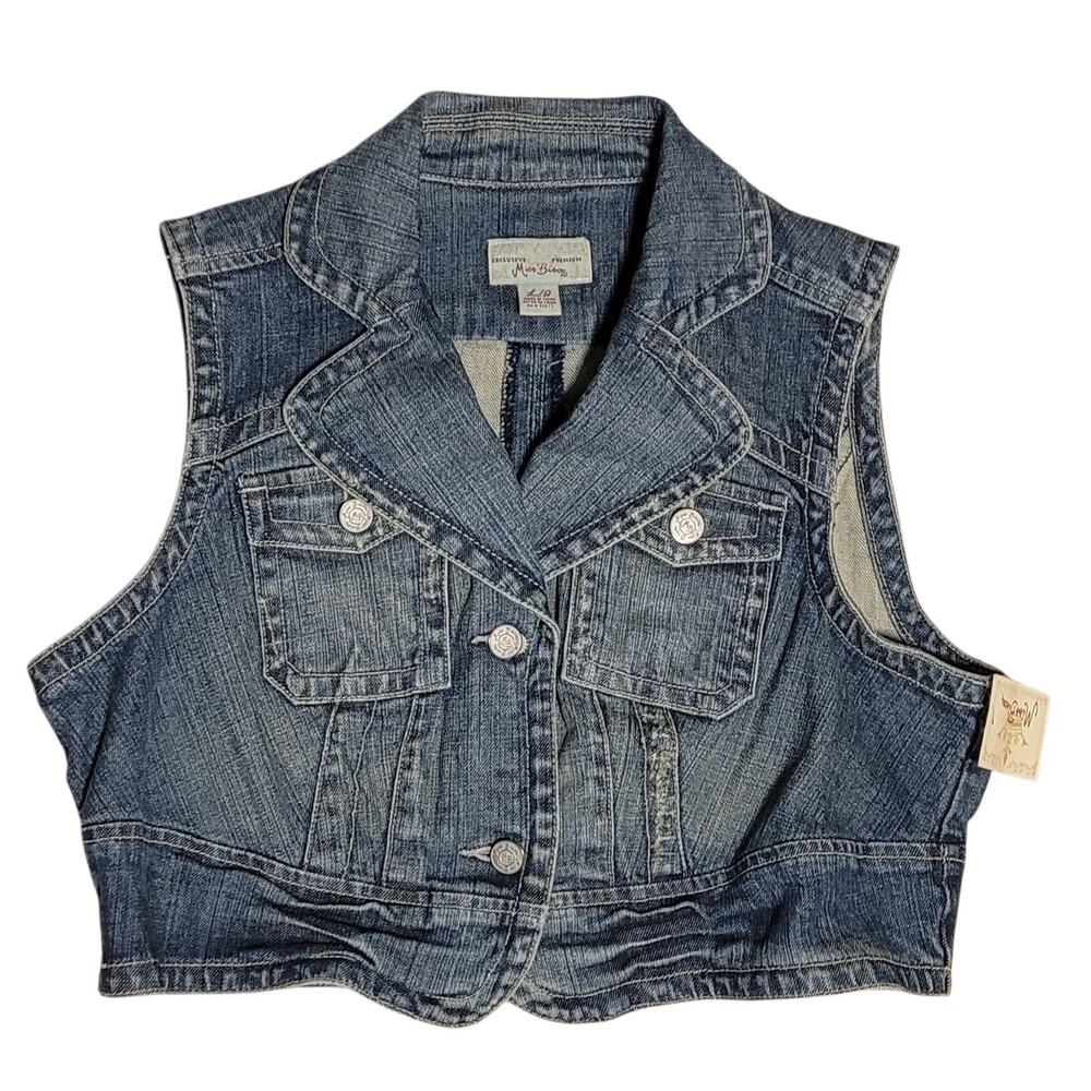 Miss Bison Womens Cropped Distressed Denim Vest with Pockets Size L Vintage NWT